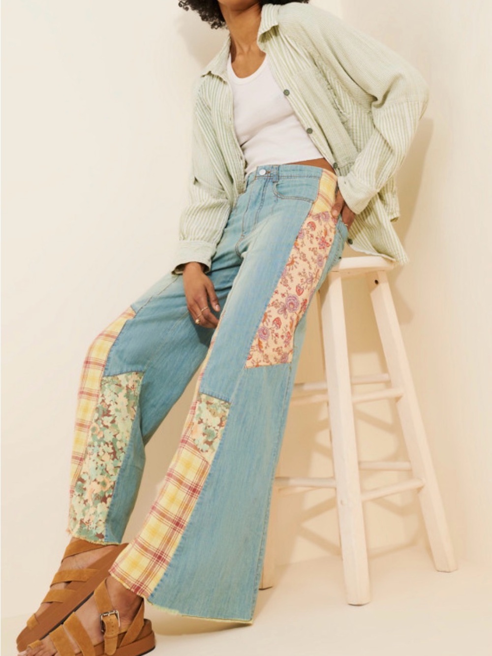 Pilcro by Anthropologie Patchwork Wide-Leg Jeans with Floral & Plaid NWT